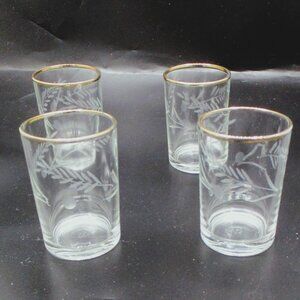 Vintage Gold-Rimmed Etched Glasses Set Of 4 Juice Glasses 3"